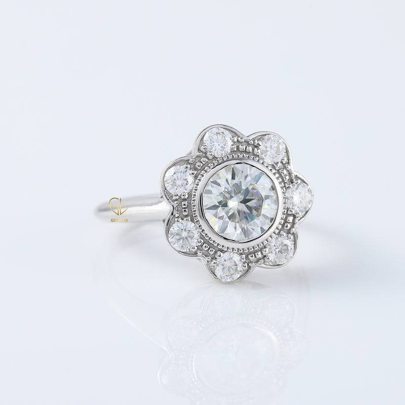 Hearts and Arrows Round Lab Grown Diamond Bezel Set Vintage Engagement Ring