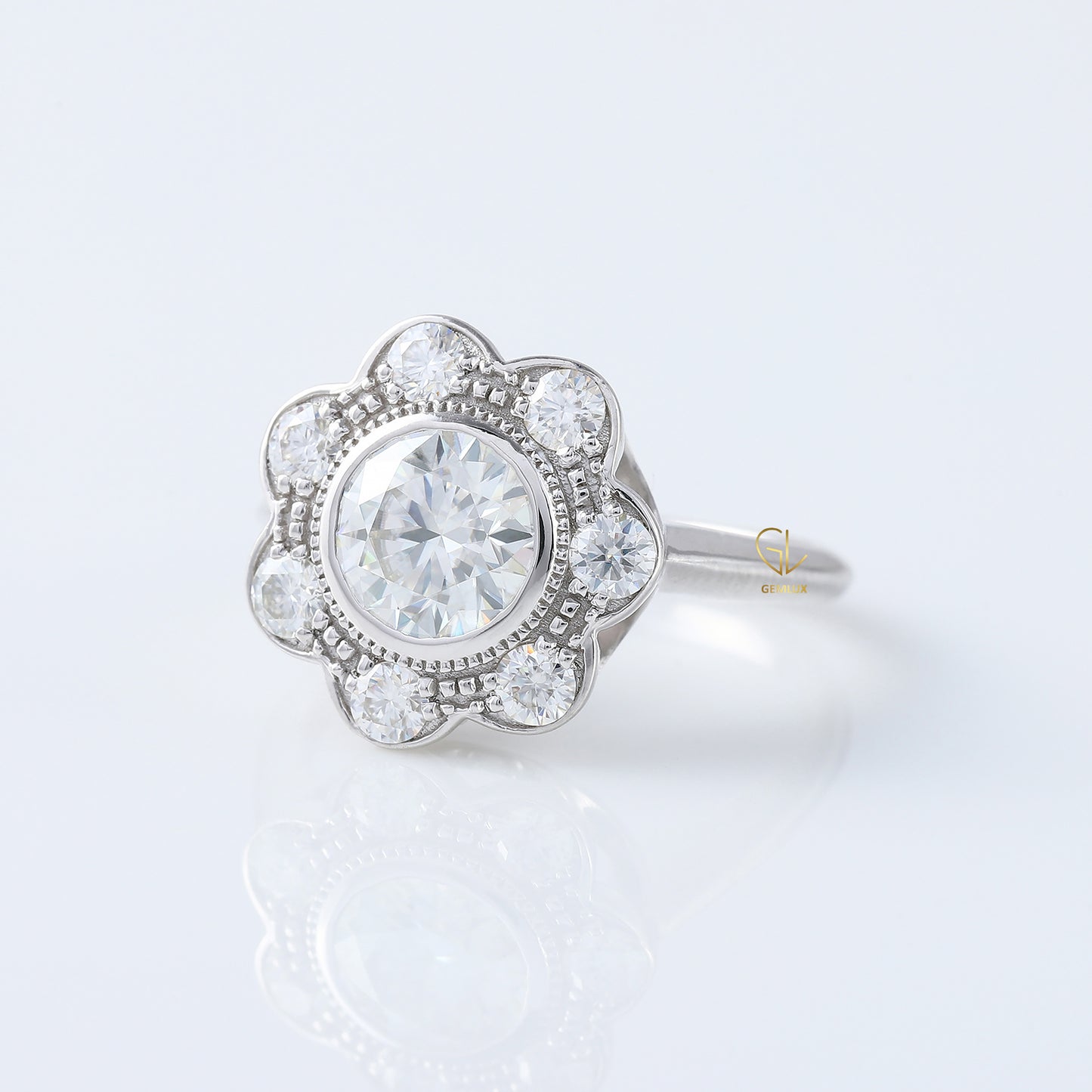 Floral Halo Bezel Set Round Moissanite Vintage Ring