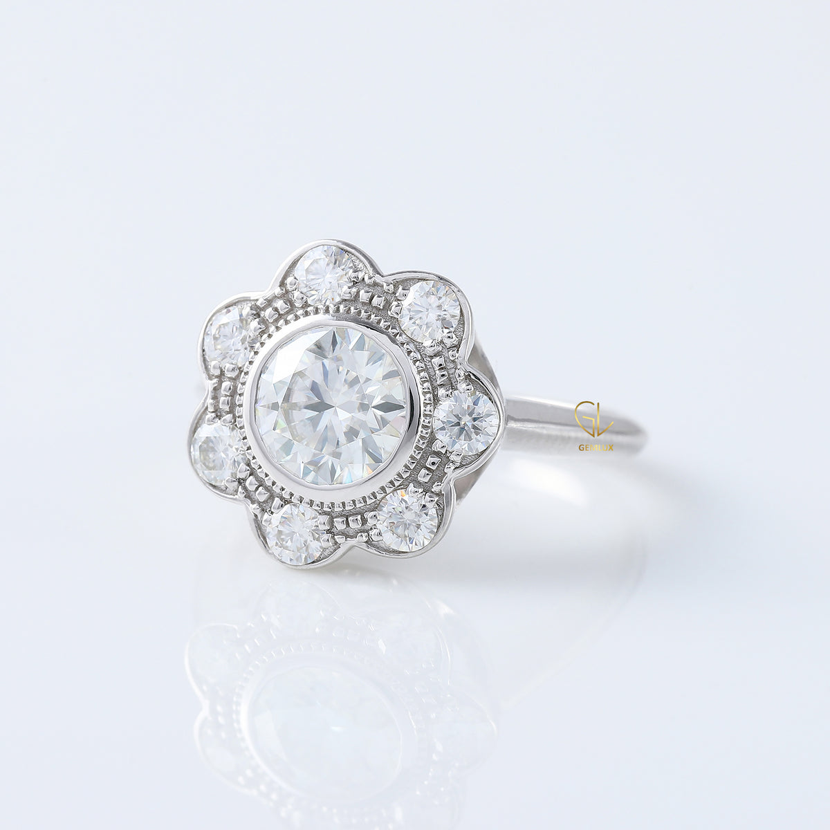 Floral Halo Bezel Set Round Moissanite Vintage Ring