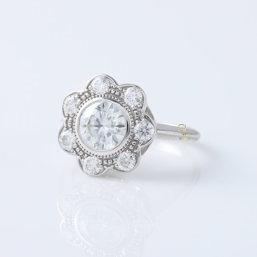 Floral Halo Bezel Set Round Moissanite Vintage Ring
