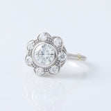 Heart & Arrows Round Lab Grown Diamond Bezel Set Floral Halo Vintage Engagement Ring