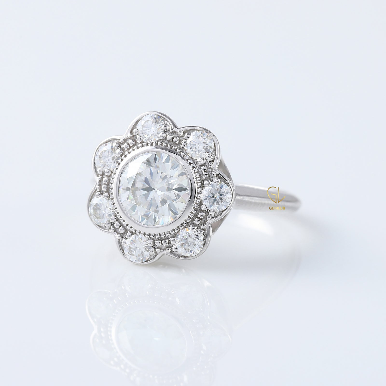 Heart & Arrows Round Lab Grown Diamond Bezel Set Floral Halo Vintage Engagement Ring
