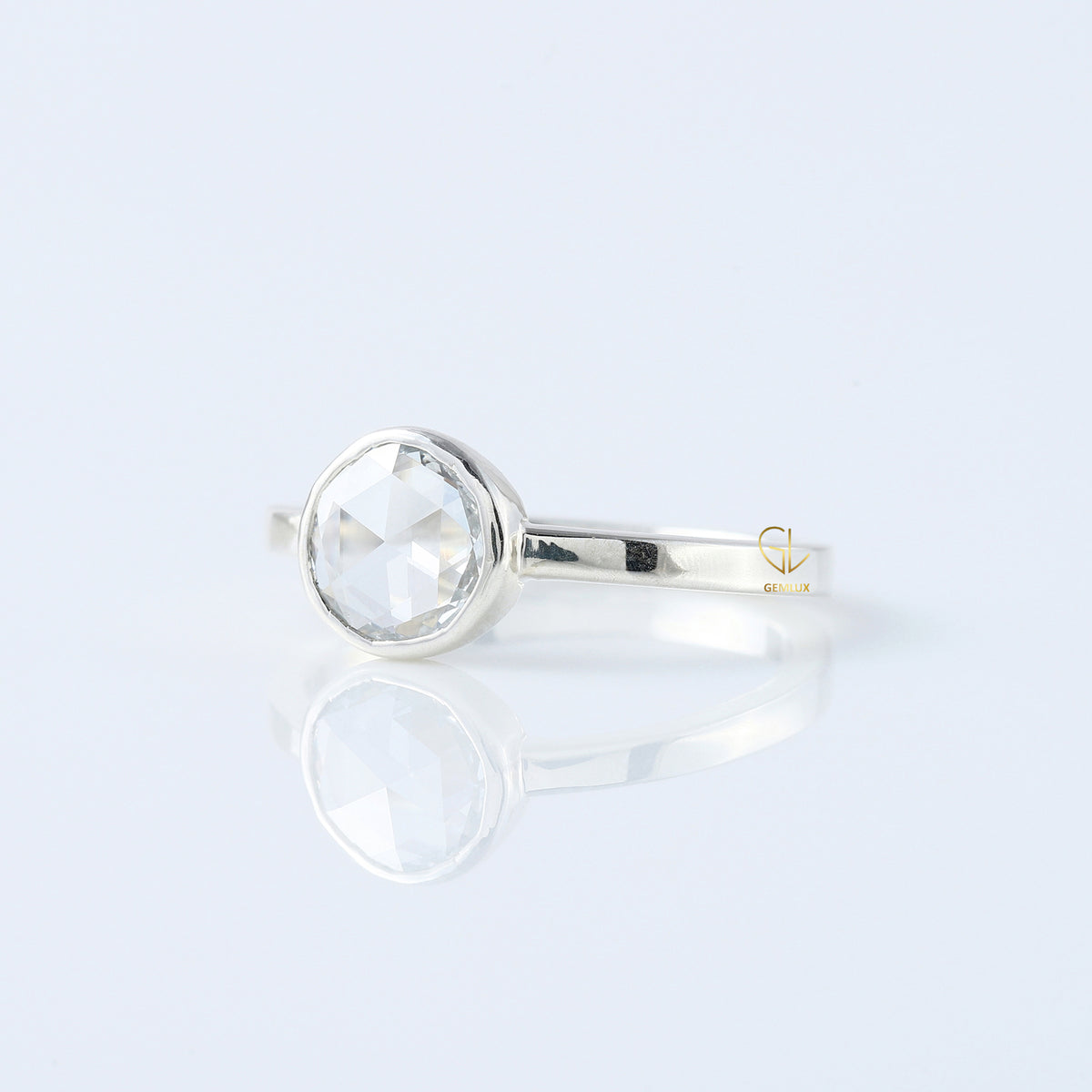 Rose Cut Round Moissanite Diamond Bezel Set Solitaire Engagement Ring
