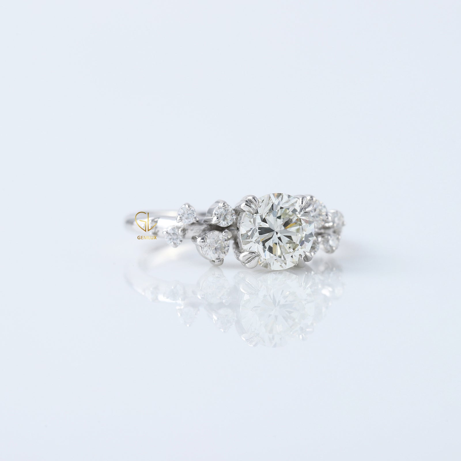 Round Cut Moissanite Scattered Diamond Engagement Ring