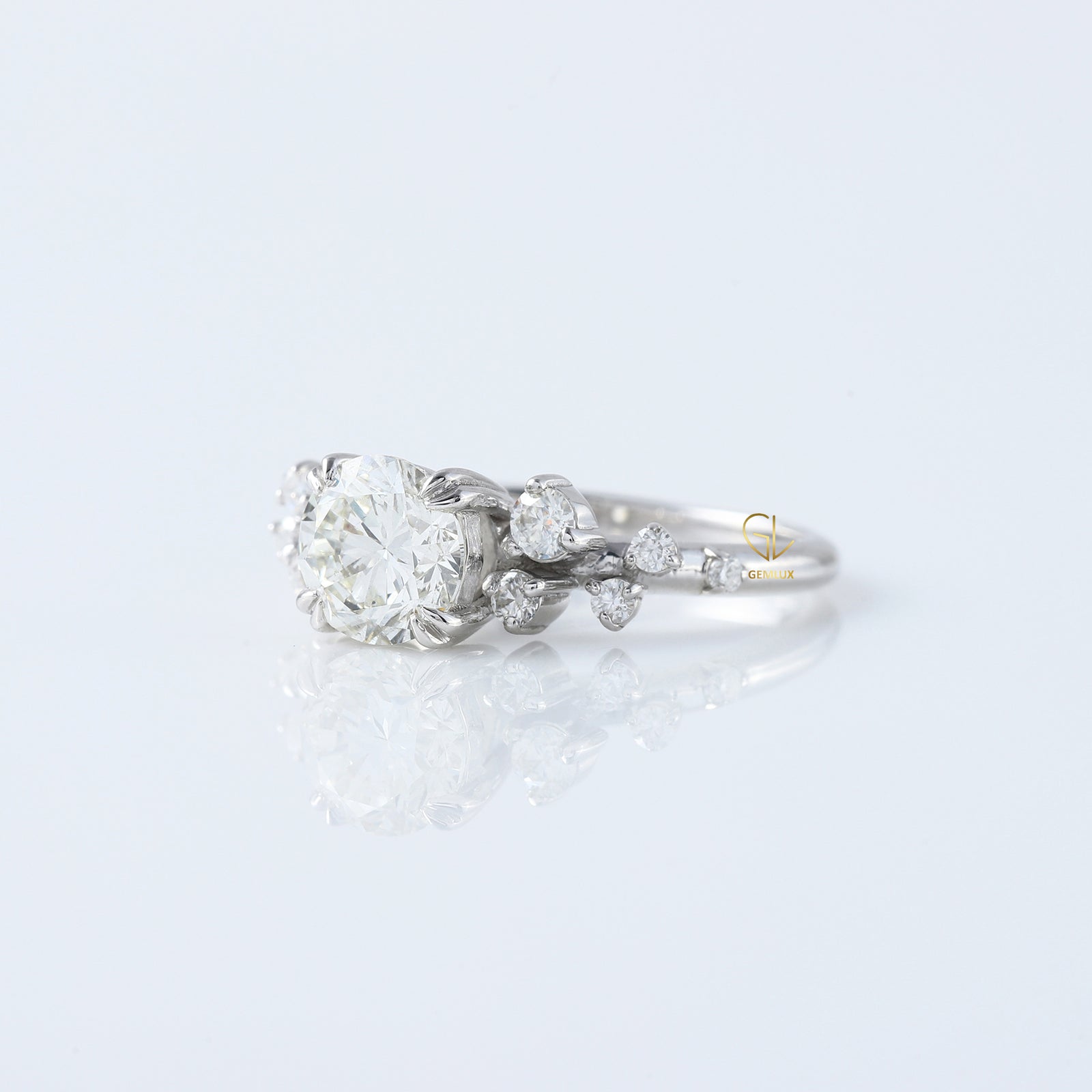 Round Cut Moissanite Scattered Diamond Engagement Ring