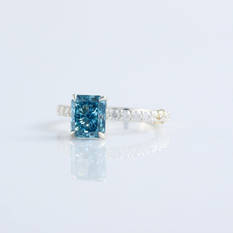 Blue Radiant Cut Lab Grown Classic Solitaire Diamond Engagement Ring