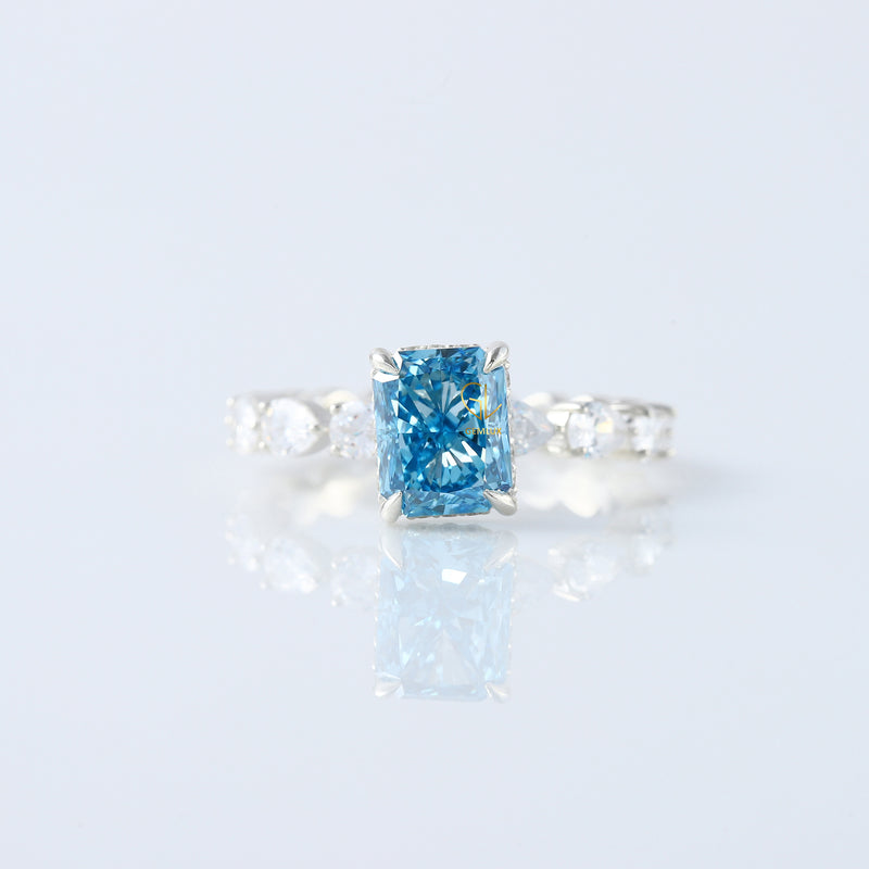 Blue Radiant Cut Lab Grown Diamond Solitaire With Accent Engagement Ring