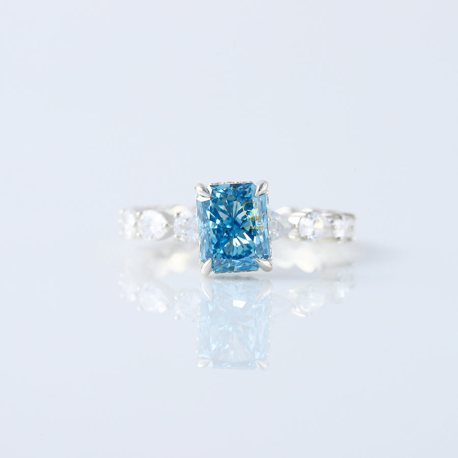 Blue Radiant Cut Lab Grown Diamond Solitaire With Accent Engagement Ring