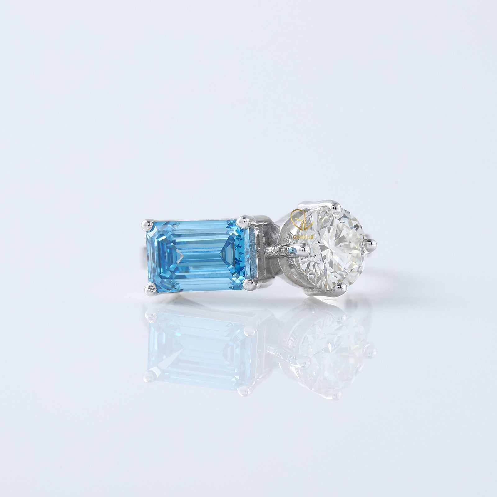 Toi Et Moi Ring, Blue Radiant & Round Cut Lab Grown Diamond Two Stone Engagement Ring