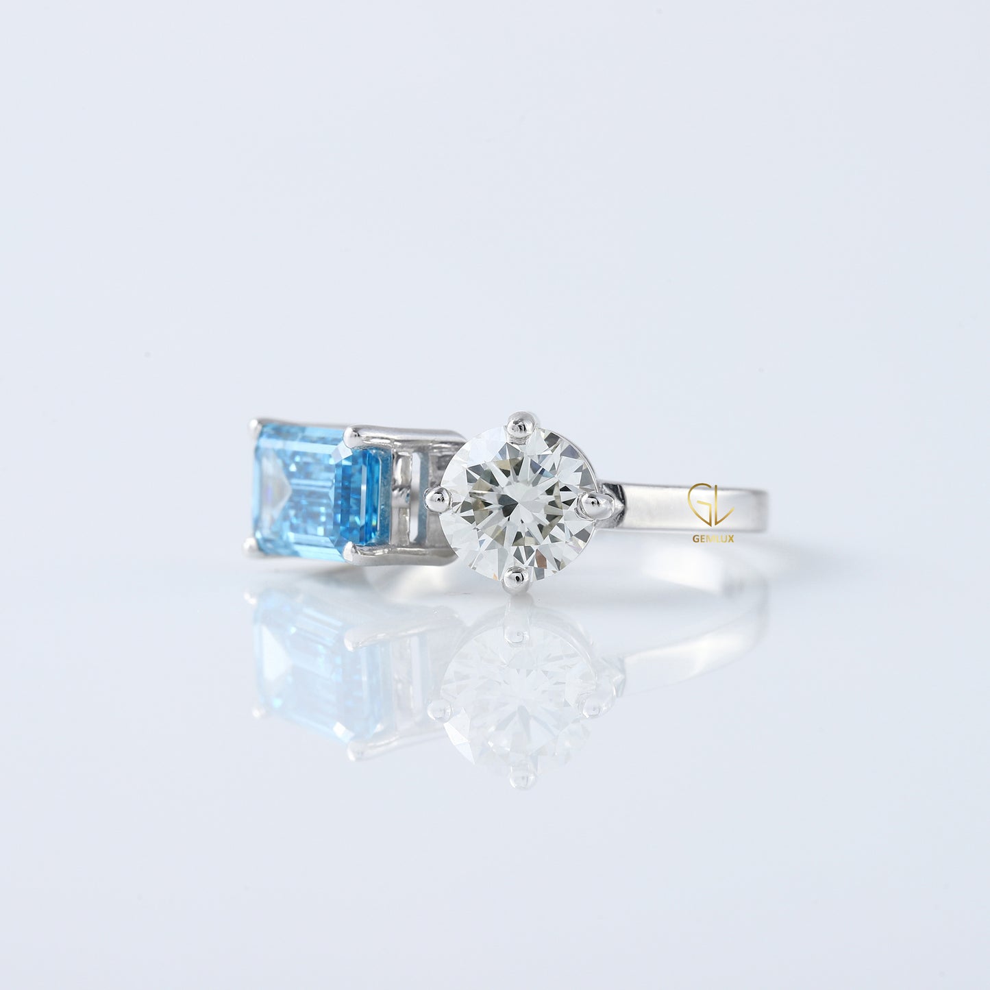 Toi Et Moi Ring, Blue Radiant & Round Cut Lab Grown Diamond Two Stone Engagement Ring