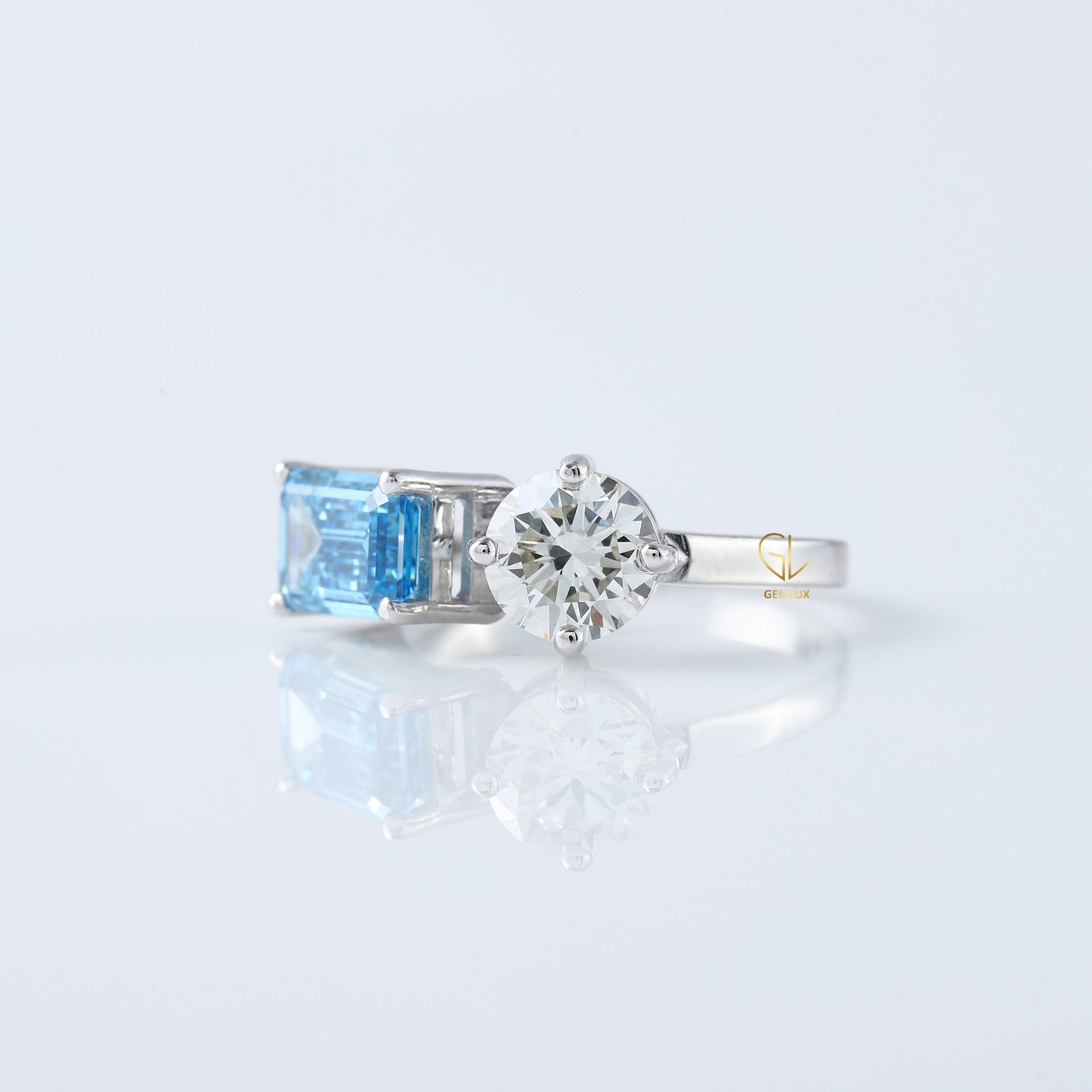 Toi Et Moi Ring, Blue Radiant & Round Cut Lab Grown Diamond Two Stone Engagement Ring