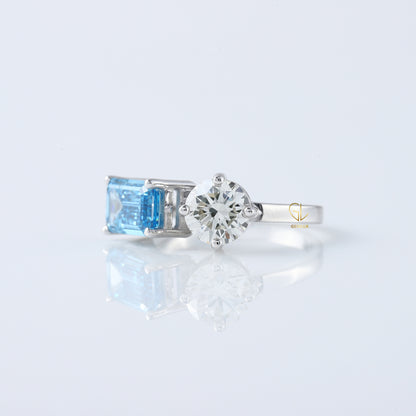 Toi Et Moi Ring, Blue Radiant & Round Cut Lab Grown Diamond Two Stone Engagement Ring