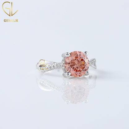 Twisted Diamond Ring, Morganite Pink Color Round Cut Labgrown Diamond Ring, Solitaire With Accent Ring