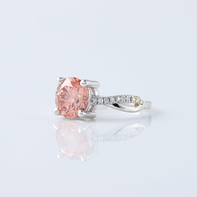 Vivid Pink Color Round Cut Lab Grown Diamond Twisted Engagement Ring