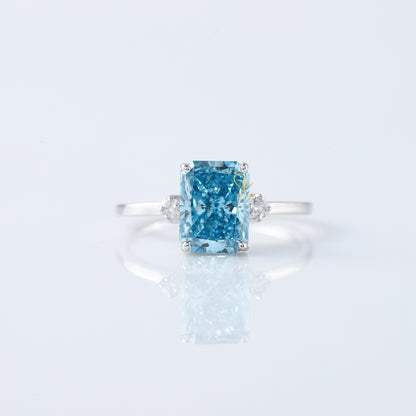 Blue Radiant Cut Lab Grown Diamond Three Stone Engagement Ring