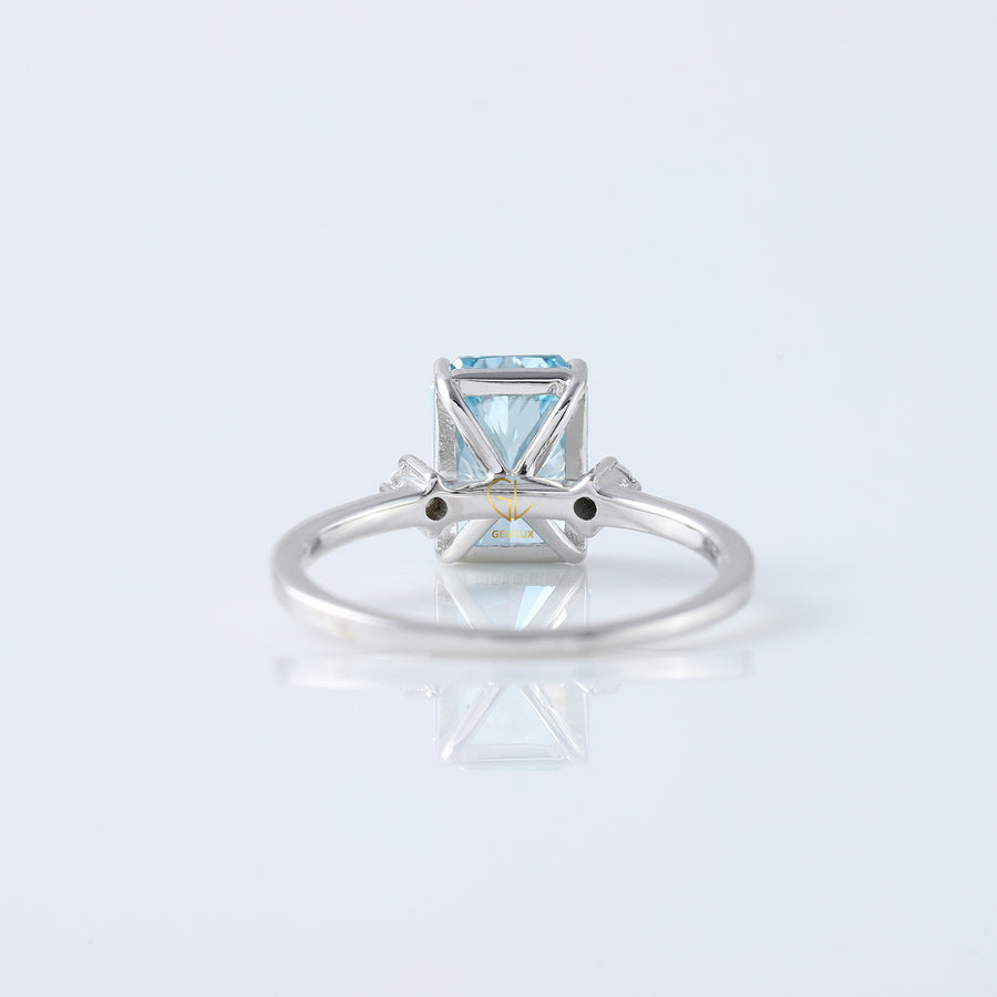 Blue Radiant Cut Lab Grown Diamond Three Stone Engagement Ring