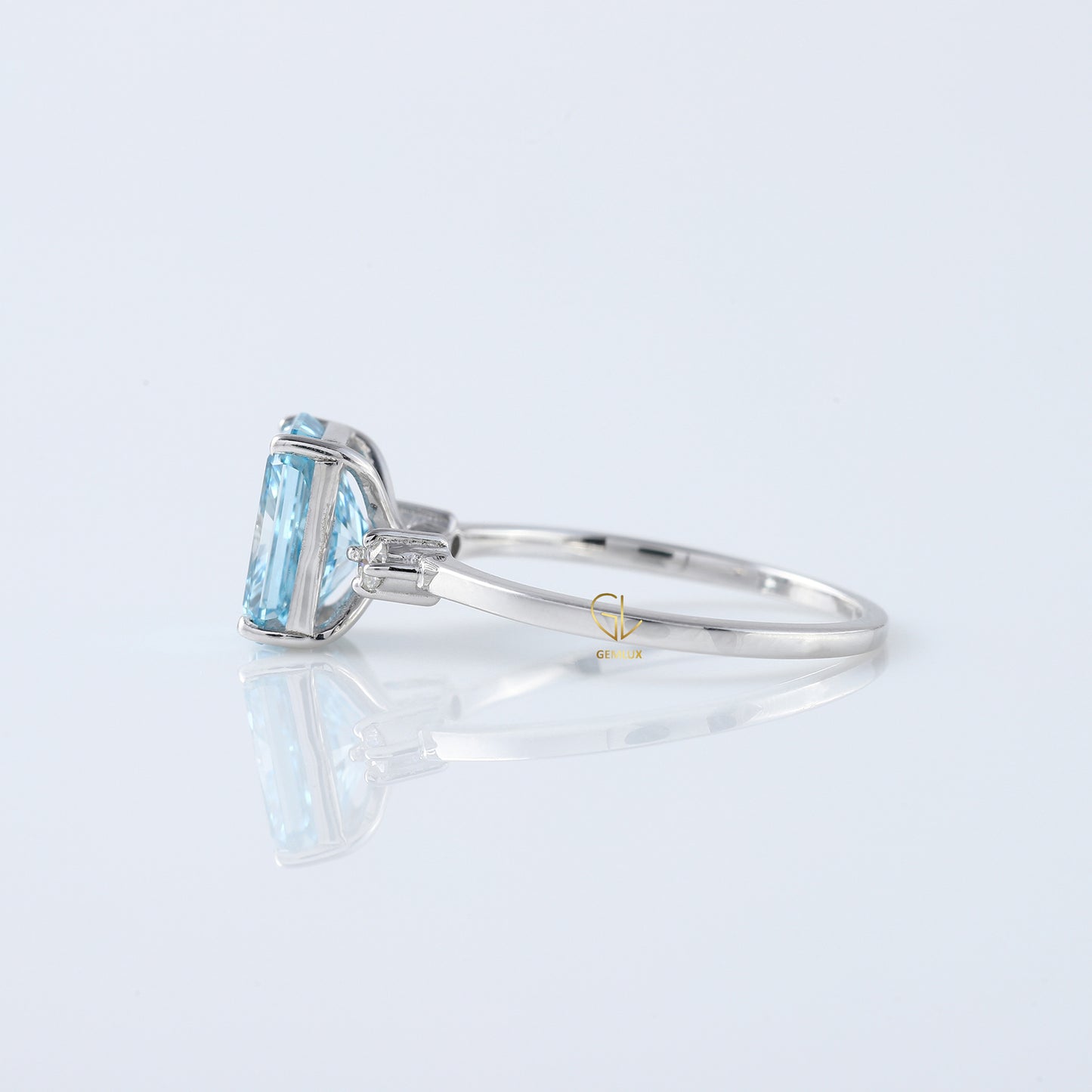  Blue Radiant Cut Lab Grown Diamond Three Stone Engagement Ring