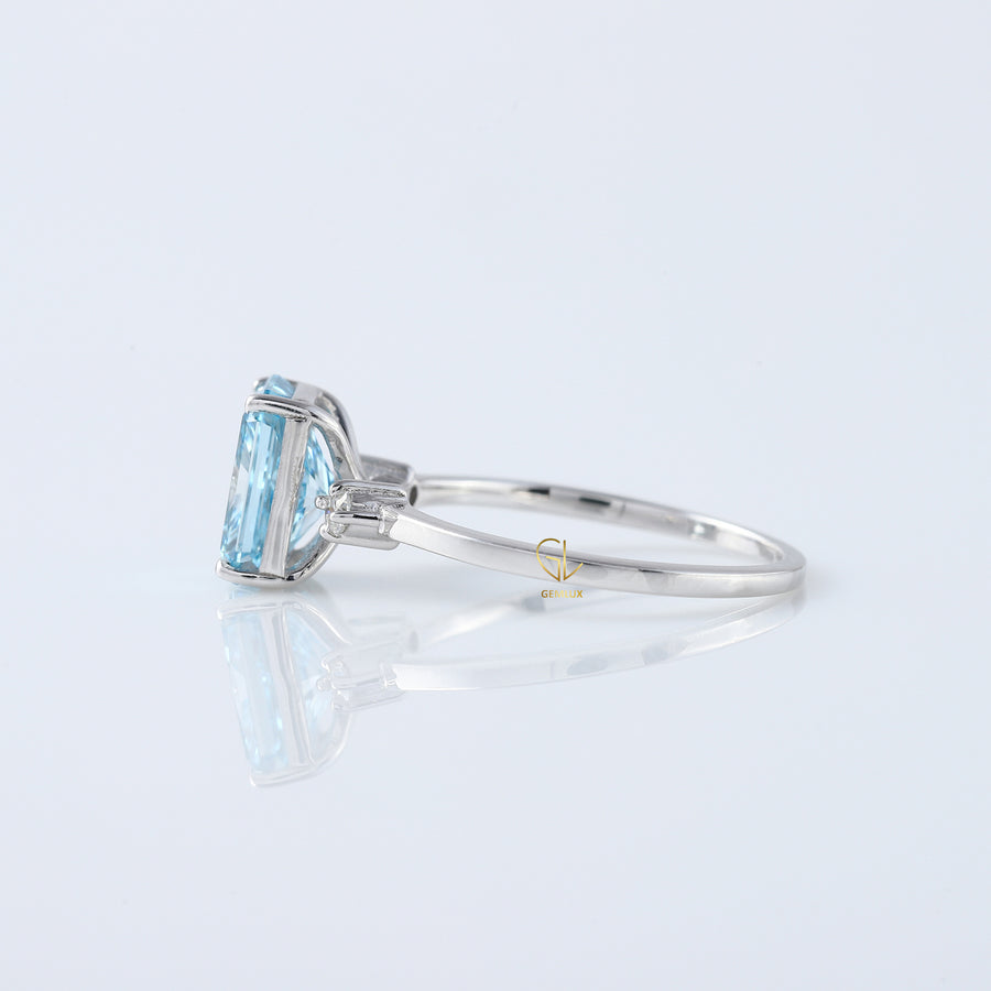 Blue Radiant Cut Lab Grown Diamond Three Stone Engagement Ring