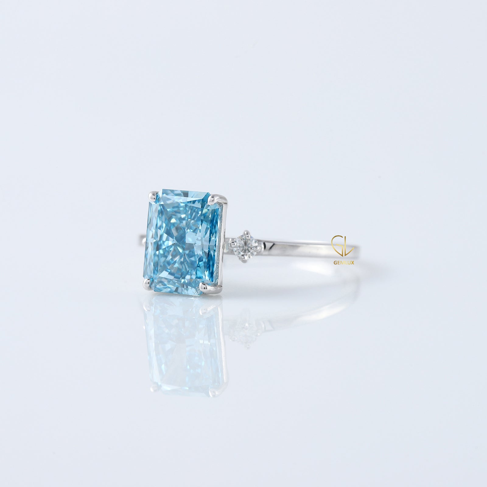  Blue Radiant Cut Lab Grown Diamond Three Stone Engagement Ring