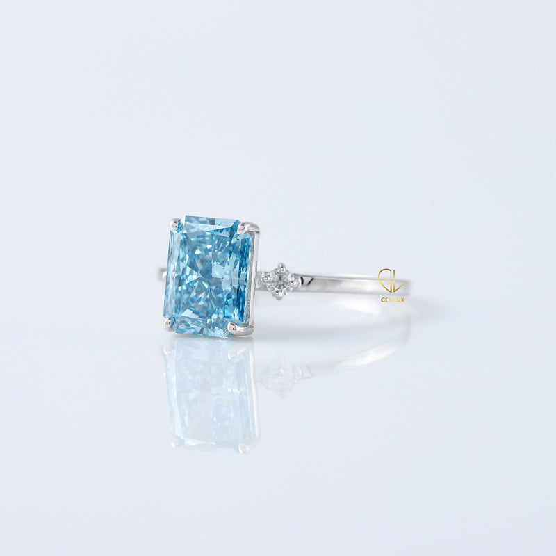 Blue Radiant Cut Lab Grown Diamond Three Stone Engagement Ring
