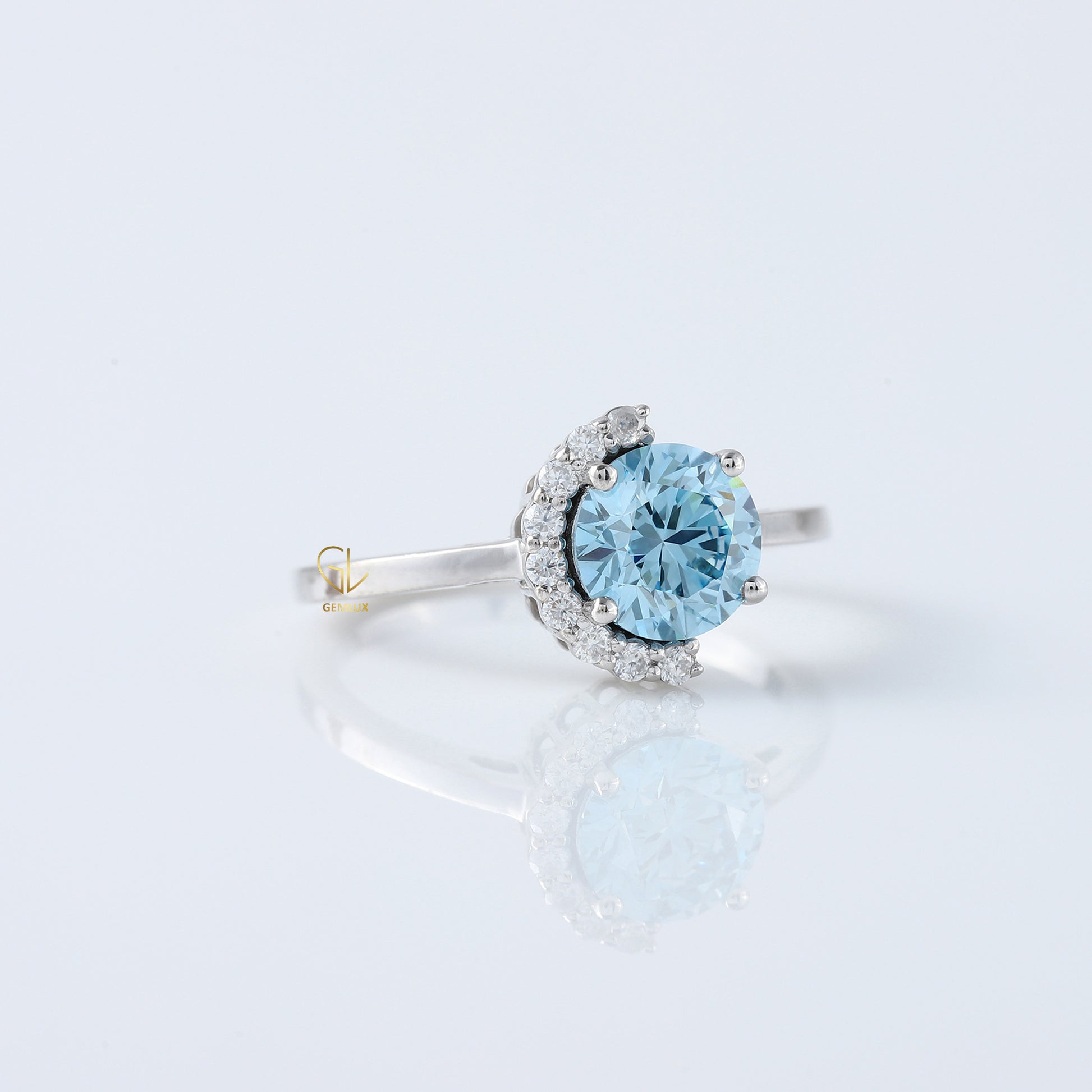 Blue Round Cut Lab Grown Diamond Half Halo Engagement Ring