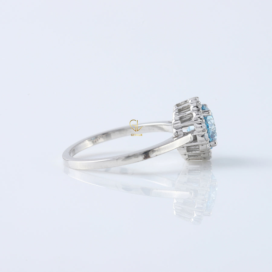 Blue Round Cut Lab Grown Diamond Half Halo Engagement Ring