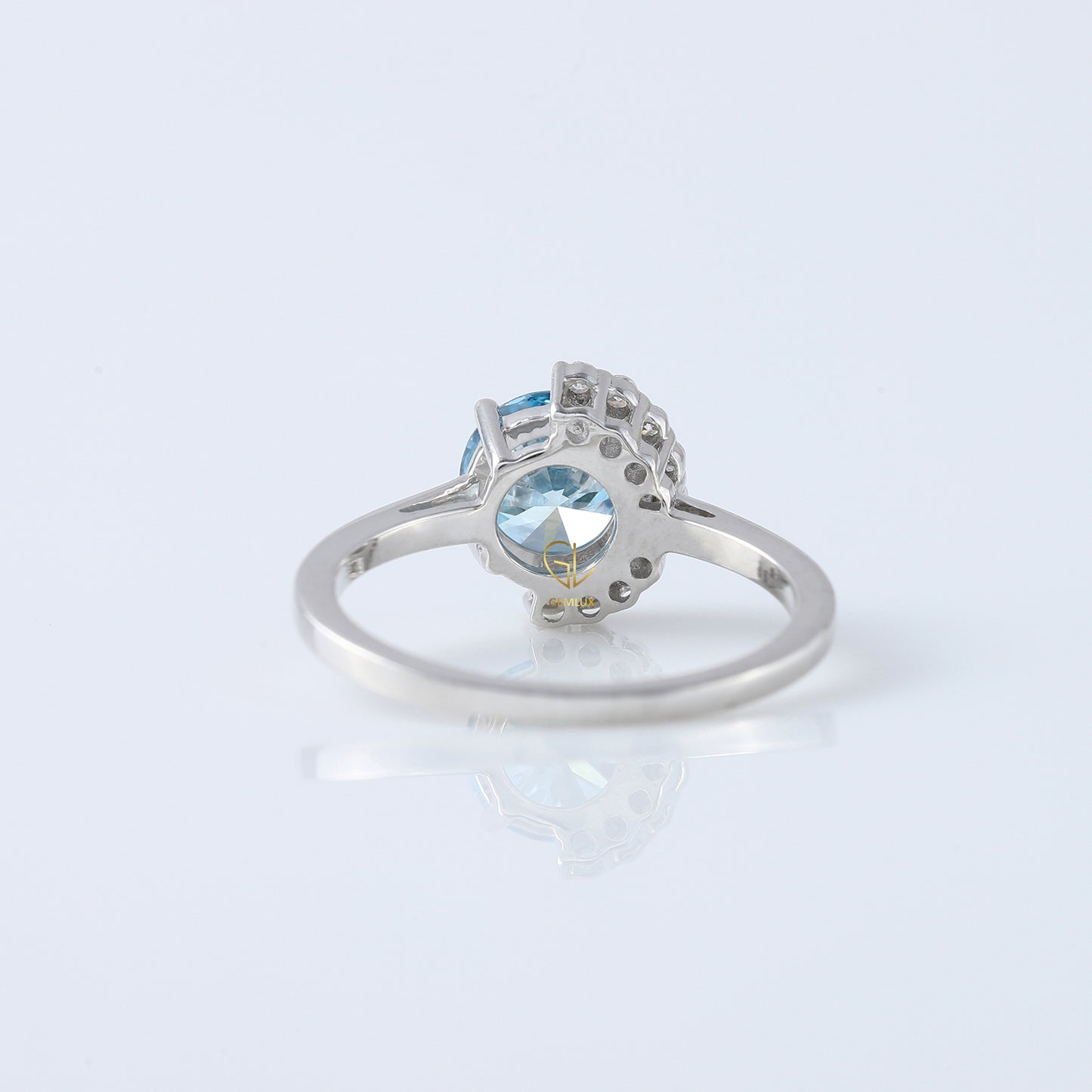 Blue Round Cut Lab Grown Diamond Half Halo Engagement Ring