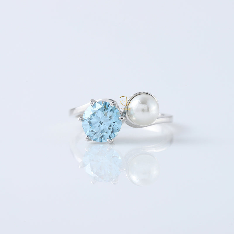 Blue Round Cut Lab Grown Diamond Swirl Bypass Engagement Ring