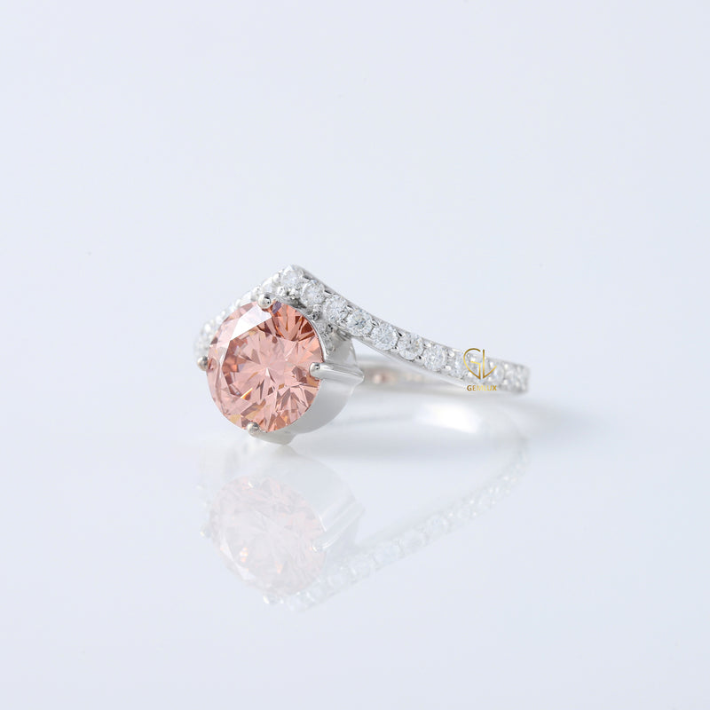 Vivid Pink Round Cut Lab Grown Diamond Curved Engagement Ring