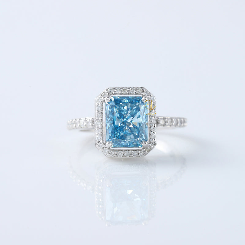 Certified Blue Radiant Cut Lab Grown Diamond Halo Engagement Ring