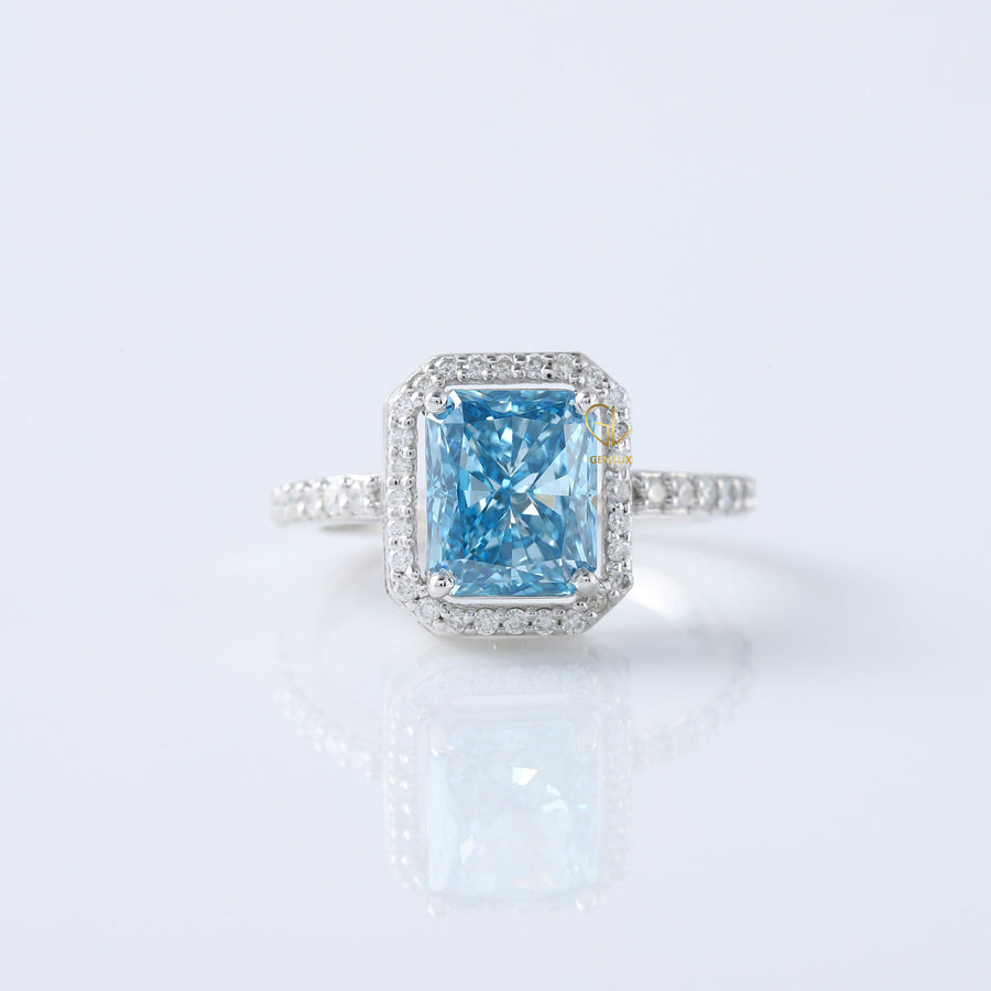 Certified Blue Radiant Cut Lab Grown Diamond Halo Engagement Ring