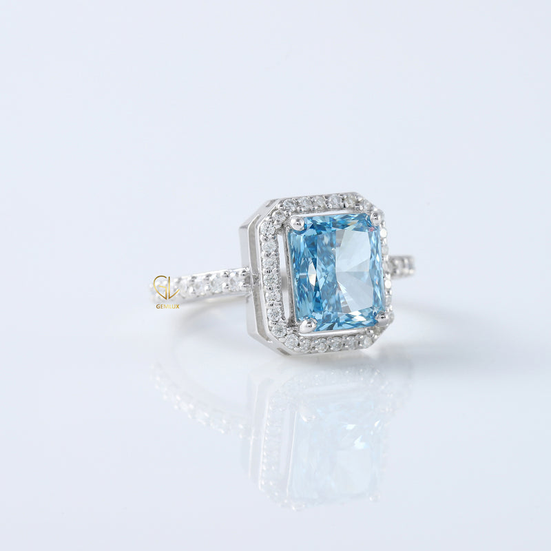 Certified Blue Radiant Cut Lab Grown Diamond Halo Engagement Ring