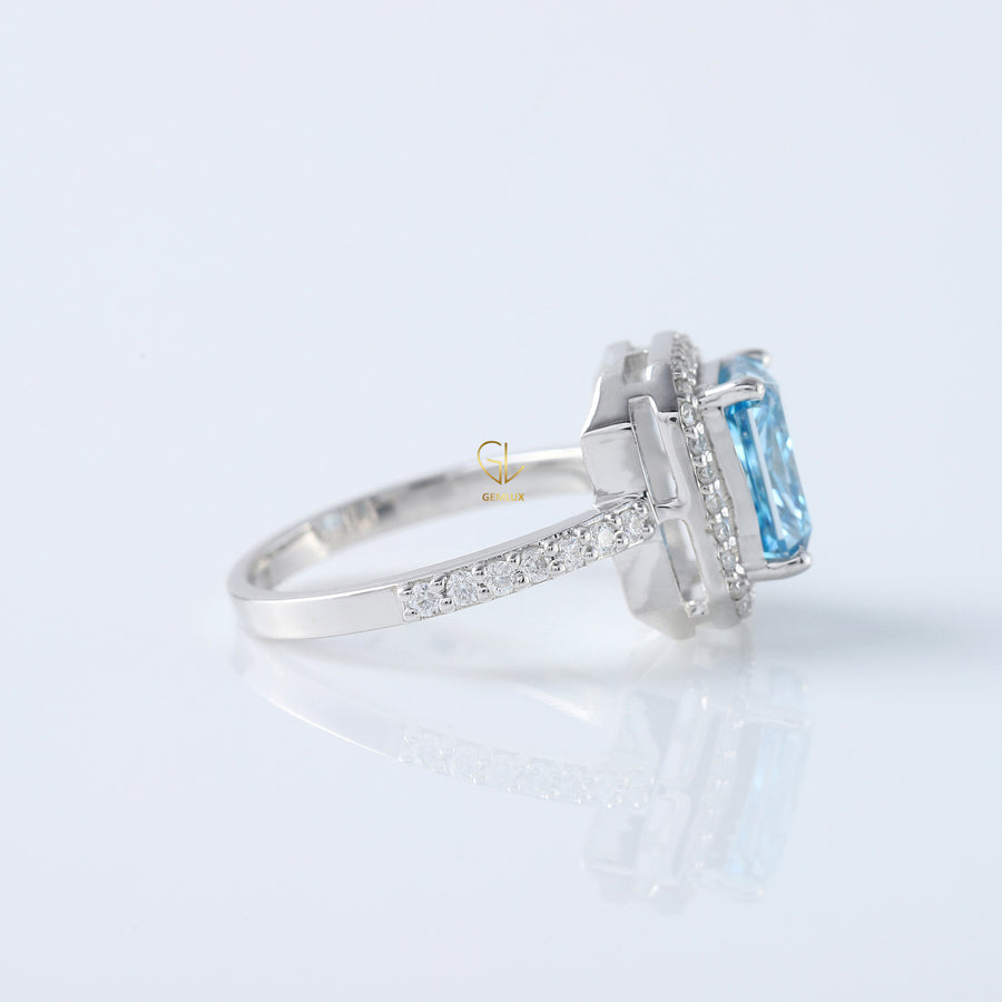 Certified Blue Radiant Cut Lab Grown Diamond Halo Engagement Ring