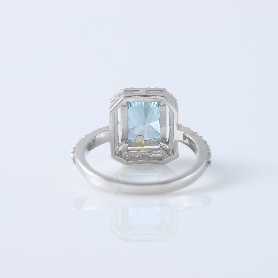 Certified Blue Radiant Cut Lab Grown Diamond Halo Engagement Ring