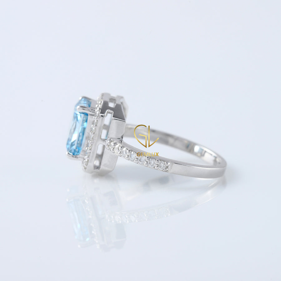 Certified Blue Radiant Cut Lab Grown Diamond Halo Engagement Ring