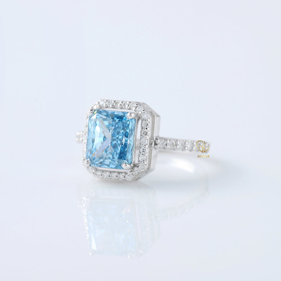 Certified Blue Radiant Cut Lab Grown Diamond Halo Engagement Ring