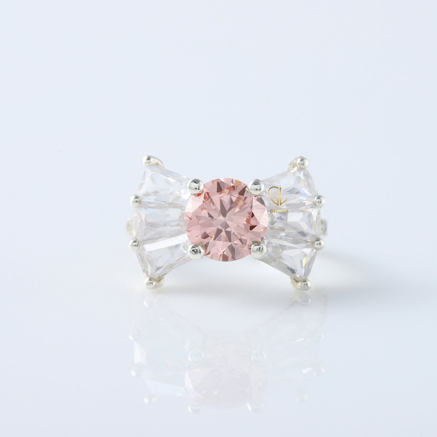 Bow Style Round Cut Morganite Pink Color Lab Grown Diamond Seven Stone Ring