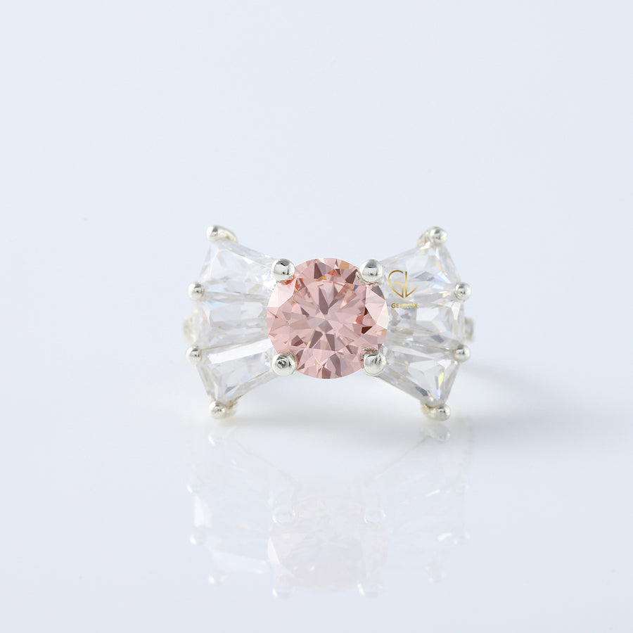 Bow Style Round Cut Vivid Pink Color Lab Grown Diamond Seven Stone Engagement Ring