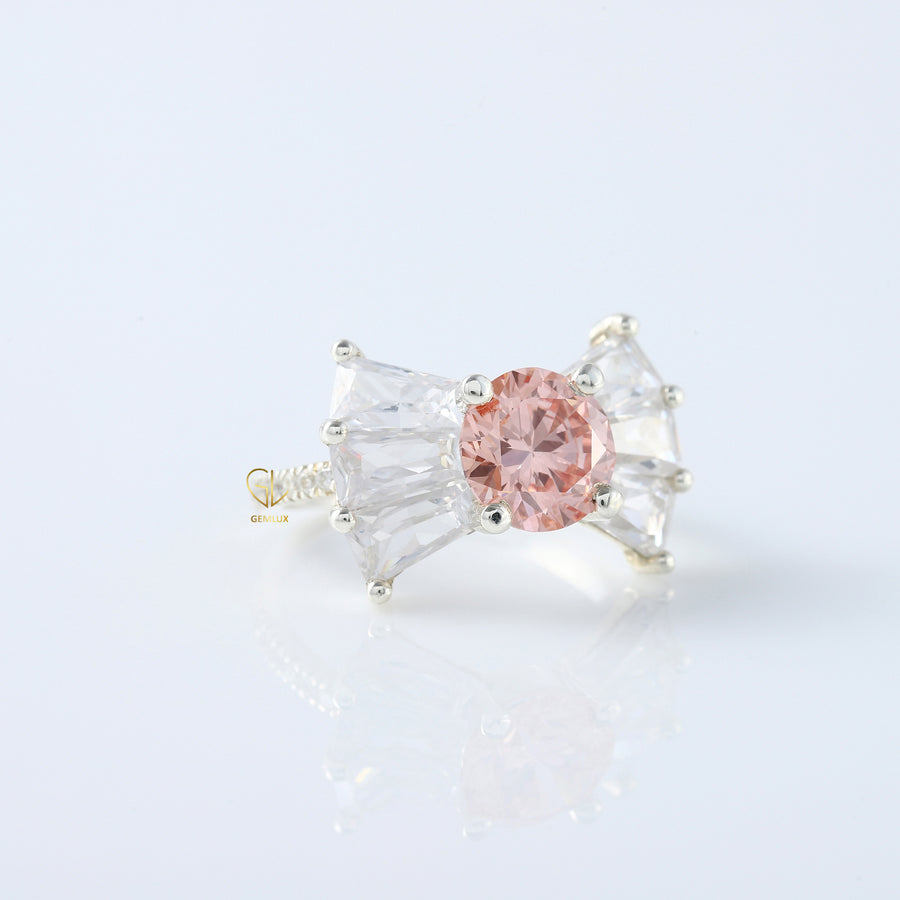 Bow Style Round Cut Vivid Pink Color Lab Grown Diamond Seven Stone Engagement Ring