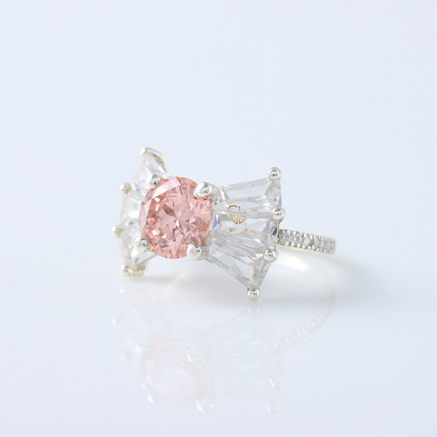 Bow Style Round Cut Morganite Pink Color Lab Grown Diamond Seven Stone Ring