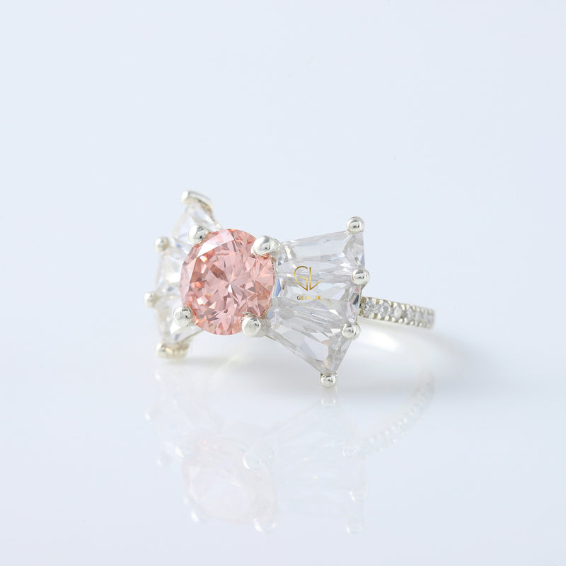 Bow Style Round Cut Vivid Pink Color Lab Grown Diamond Seven Stone Engagement Ring
