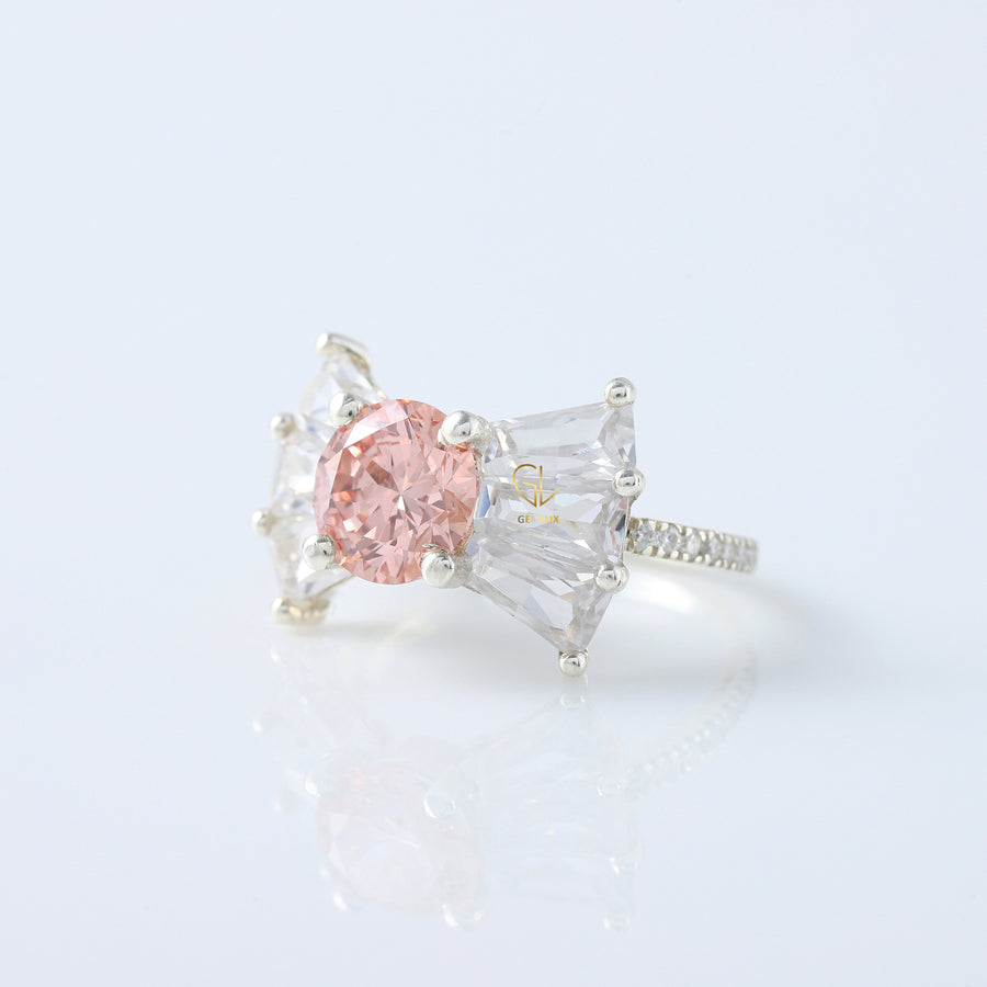 Bow Style Round Cut Vivid Pink Color Lab Grown Diamond Seven Stone Engagement Ring