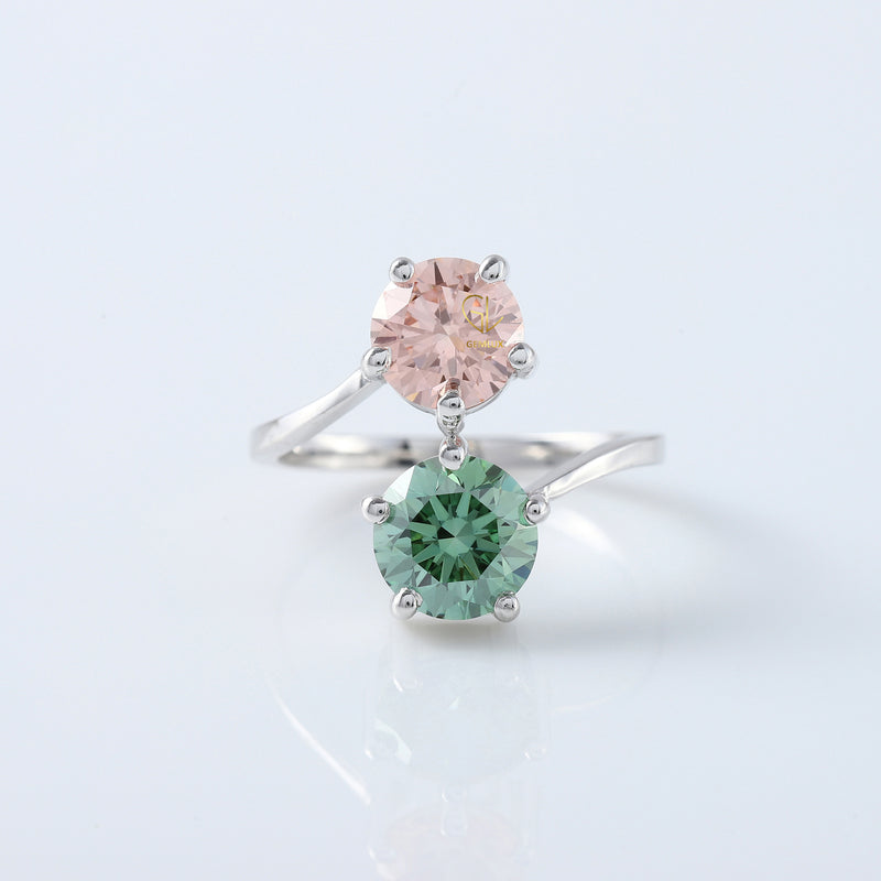 Pink And Green Round Diamond Bypass Ring