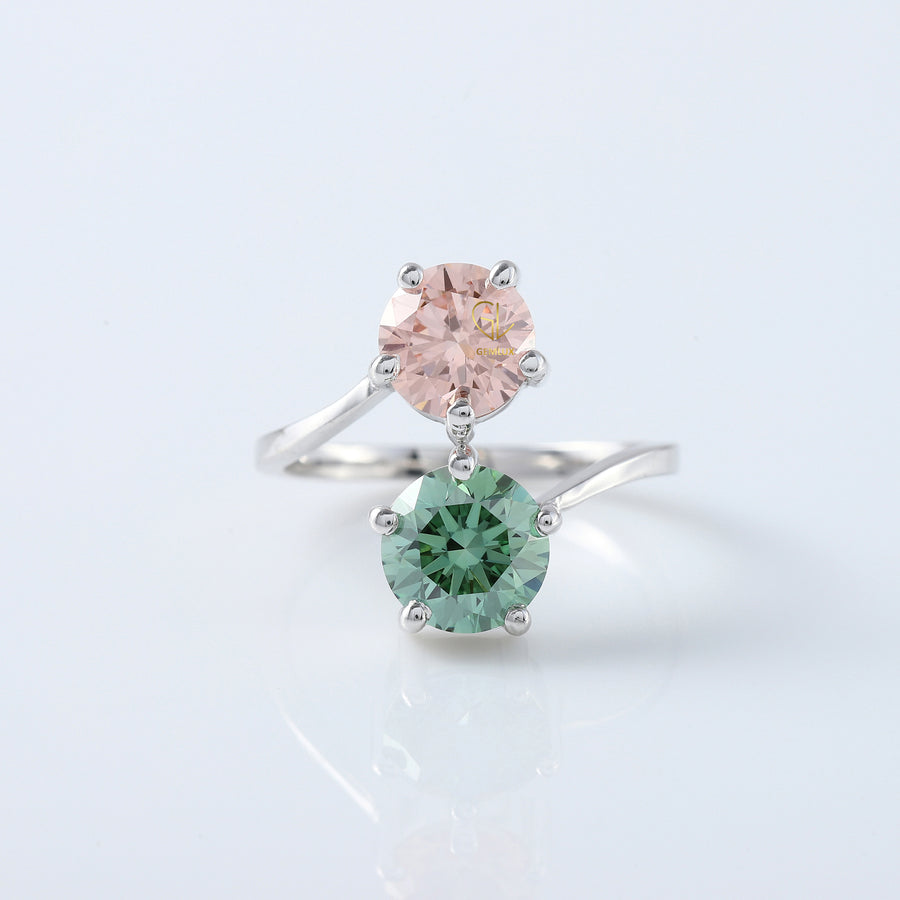 Pink And Green Round Diamond Bypass Ring