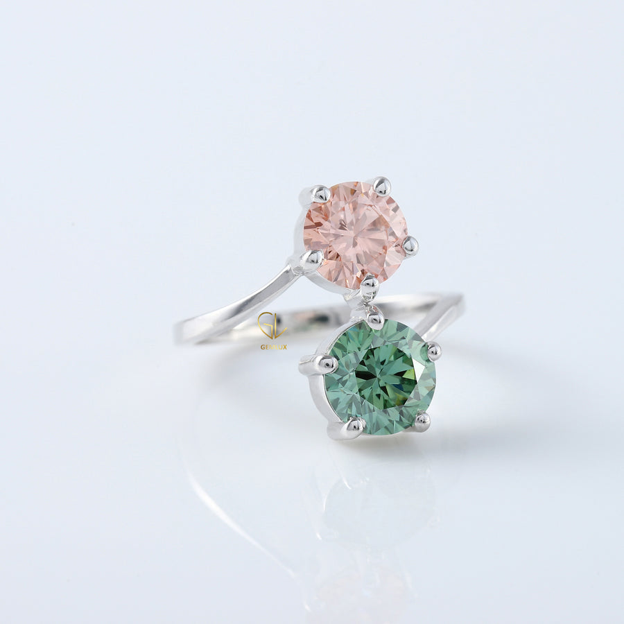Pink And Green Round Diamond Bypass Ring