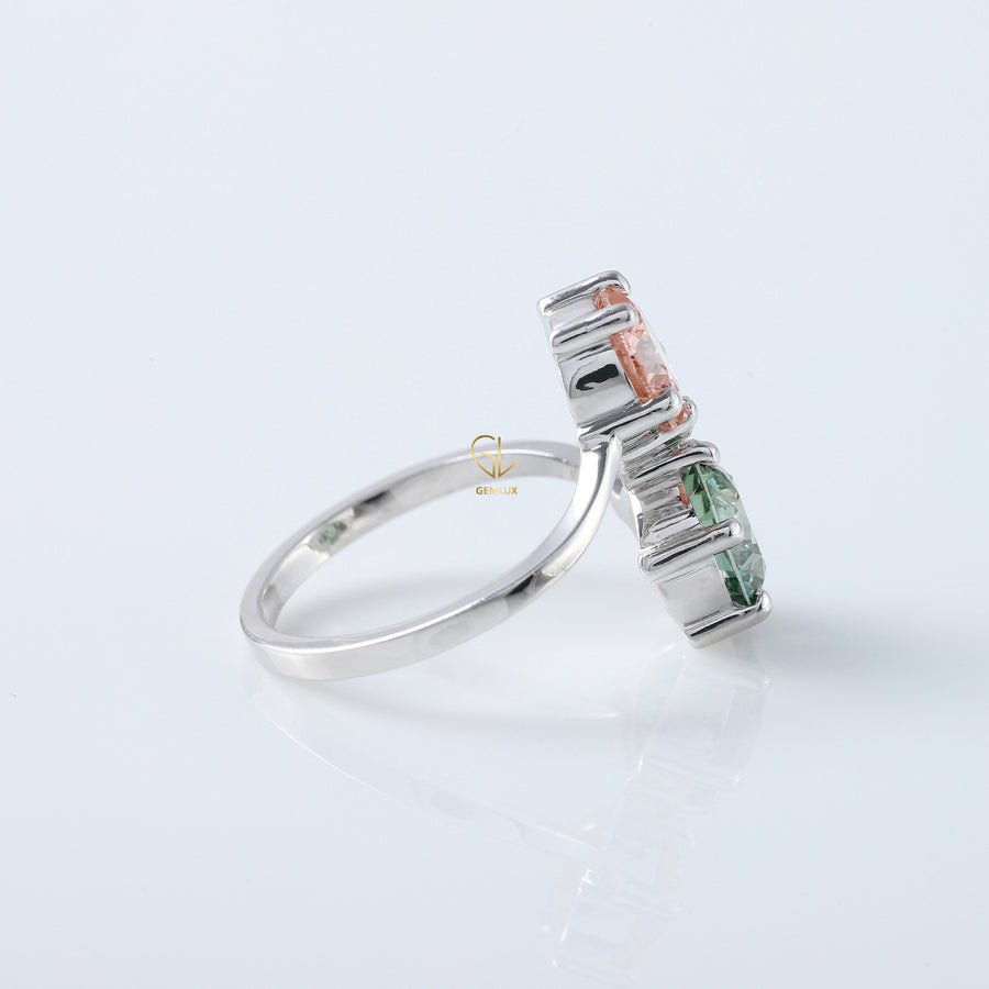 Pink And Green Round Diamond Bypass Ring