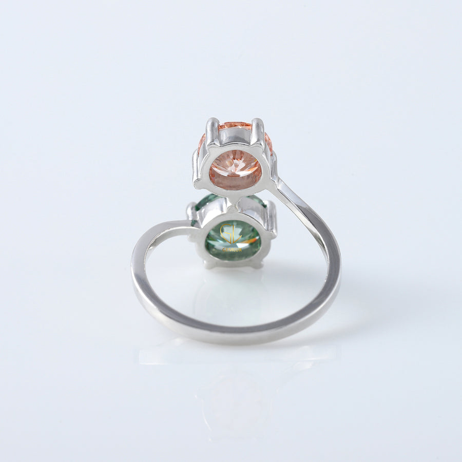 Pink And Green Round Diamond Bypass Ring