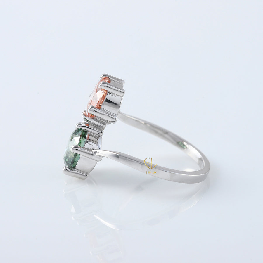 Pink And Green Round Diamond Bypass Ring