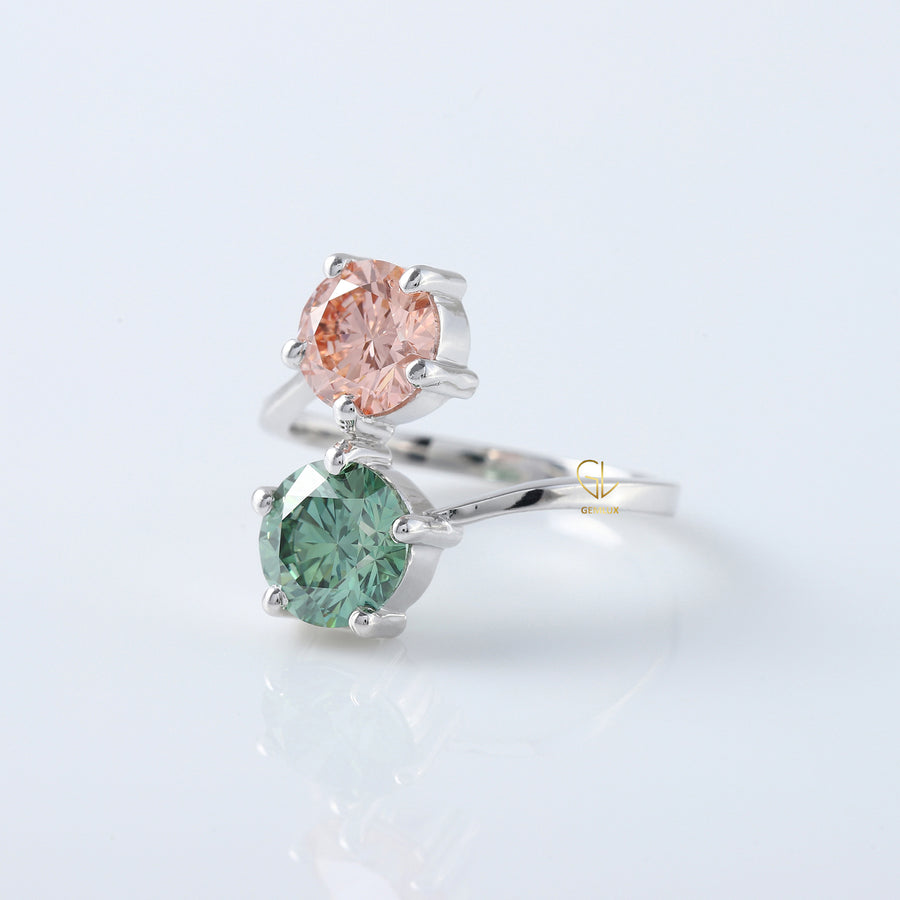 Pink And Green Round Diamond Bypass Ring
