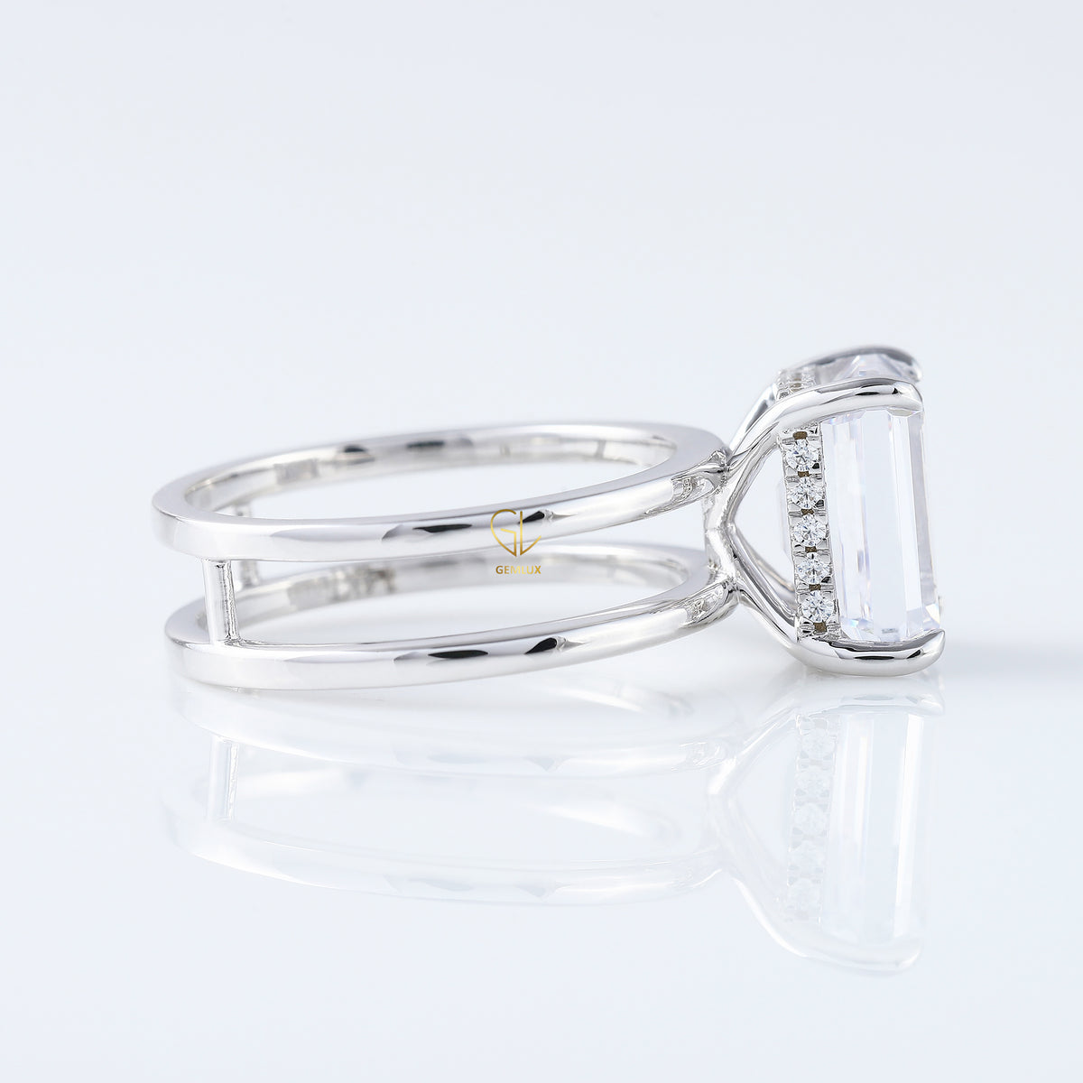 Emerald Cut Moissanite Double Band Solitaire Ring
